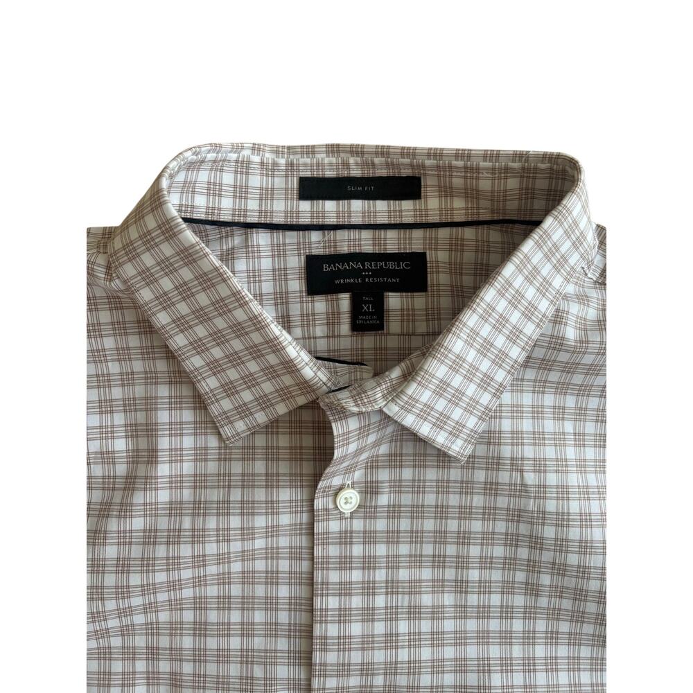 Banana Republic Slim Fit Wrinkle Resistant Dress Shirt XL Tall Beige Plaid - Picture 4 of 16